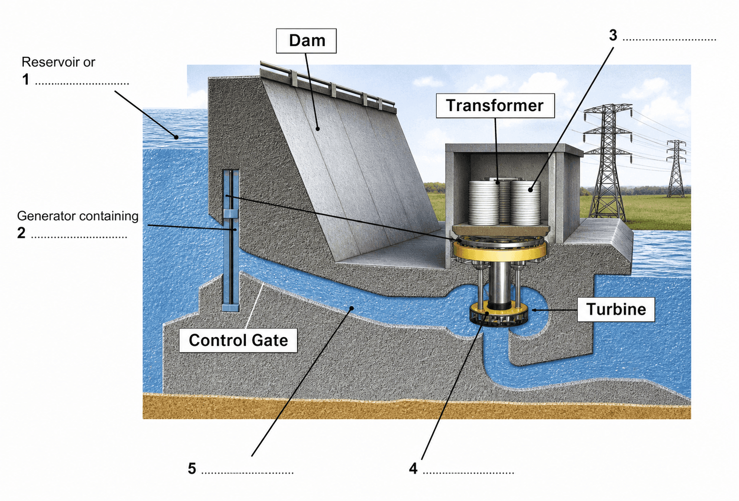 Hydropower plant diagram with numbered label pointers