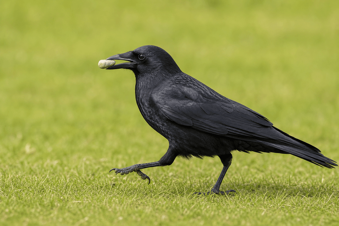 A rook carrying a stone